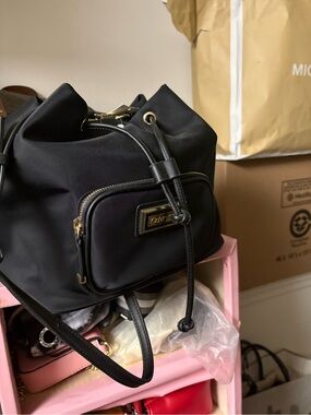 Calvin Klein Black Nylon Drawstring Shoulder Bucket Bag with Gold Hardware
